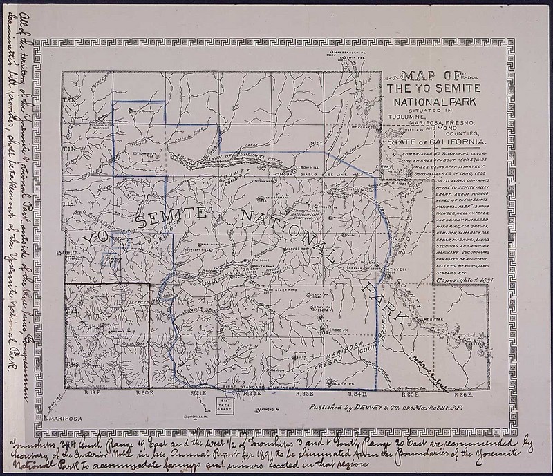 Petition and Map from John Muir and other founders of Sierra Club protesting a bill to reduce the size of Yosemite National Park