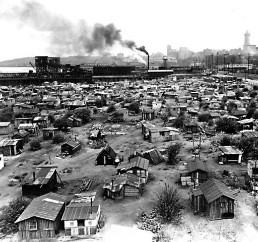 Homeless shantytown known as Hooverville, foot of S. Atlantic St, ca. 1937<br />
