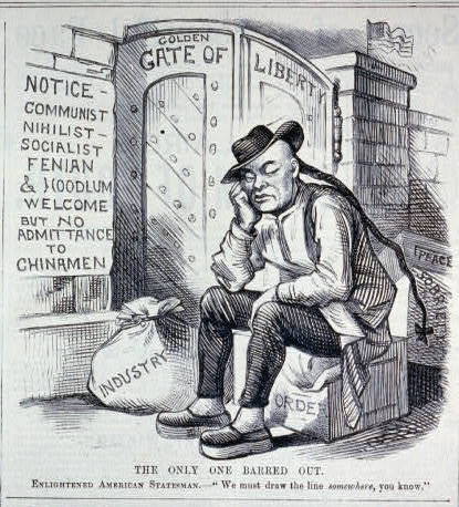 The only one barred out [caricature of Chinese man seated outside Golden Gate of Liberty]. 