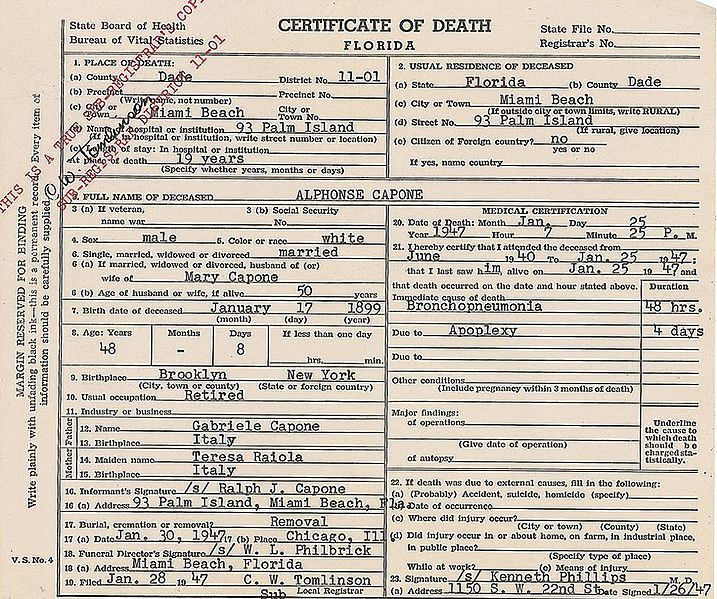 Al Capone Death Certificate