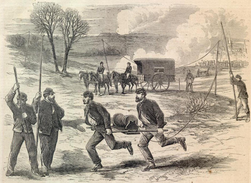 The Army Telegraph—Setting Up The Wire During an Action.—[Sketched by Mr. A. R. Waud.] 