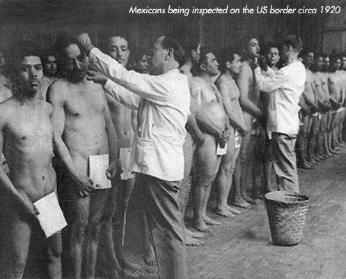 Mexicans being checked for lice at California depot, 1920s