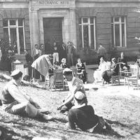 Strike day in front of the Mechanical Arts Building 1936